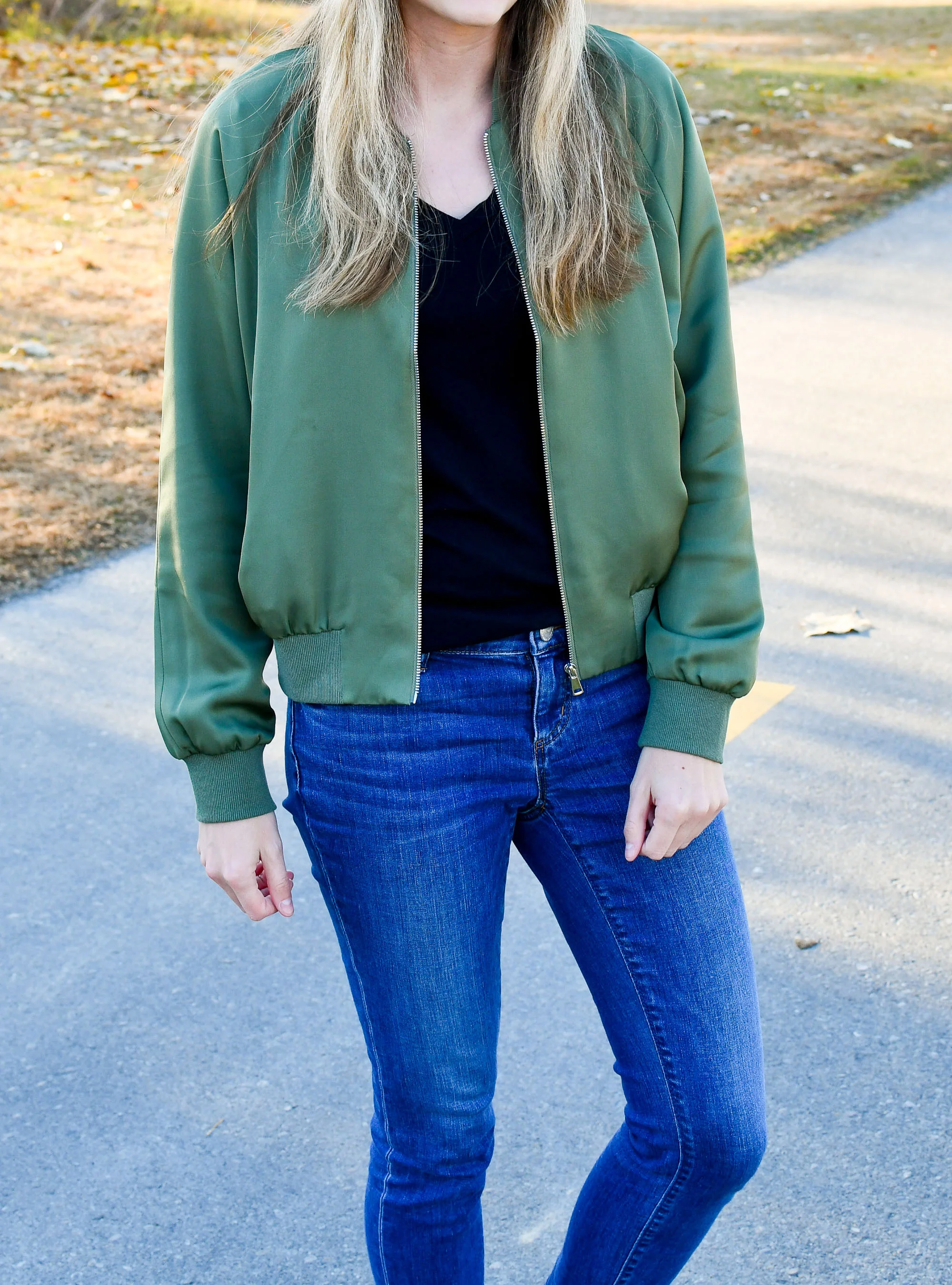 Denim bomber shop jacket outfit